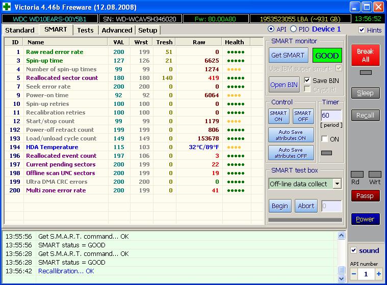 dysk twardy WDC WD10EARS-00Y5B1 reallocated sector count