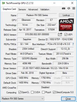 Zrzut ekranu z programu TechPowerUp GPU-Z pokazujący szczegóły karty graficznej Sapphire Radeon NITRO+ RX 580 4GB.
