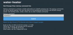 Configuration interface with startup command PowerSave 1 for a water-heater device.