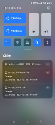 Zrzut ekranu z telefonu pokazujący sygnał 5G Orange i szczegóły sieci LTE w aplikacji NetMonitor.