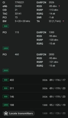 Zrzut ekranu z aplikacji pokazujący parametry sygnału LTE dla różnych pasm