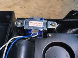 Transformer with 125°C Thermal Fuse in a Radio Mains transformer installed in a plastic enclosure, featuring a visible 125°C thermal fuse.