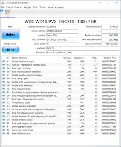Zrzut ekranu z programu CrystalDiskInfo pokazujący szczegóły dysku twardego WDC WD10JPVX-75JC3T0 o pojemności 1000,2 GB i stanie dobry.