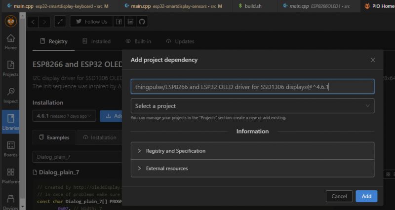 Okno dialogowe dodawania zależności projektu w PlatformIO z wybraną biblioteką SSD1306 dla wyświetlaczy OLED.