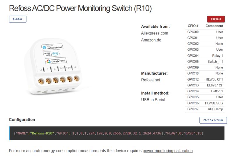 Refoss R10 relay module with GPIO pinout and Tasmota configuration shown