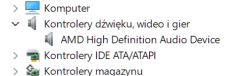 Menedżer urządzeń pokazujący tylko AMD High Definition Audio w sekcji dźwięku