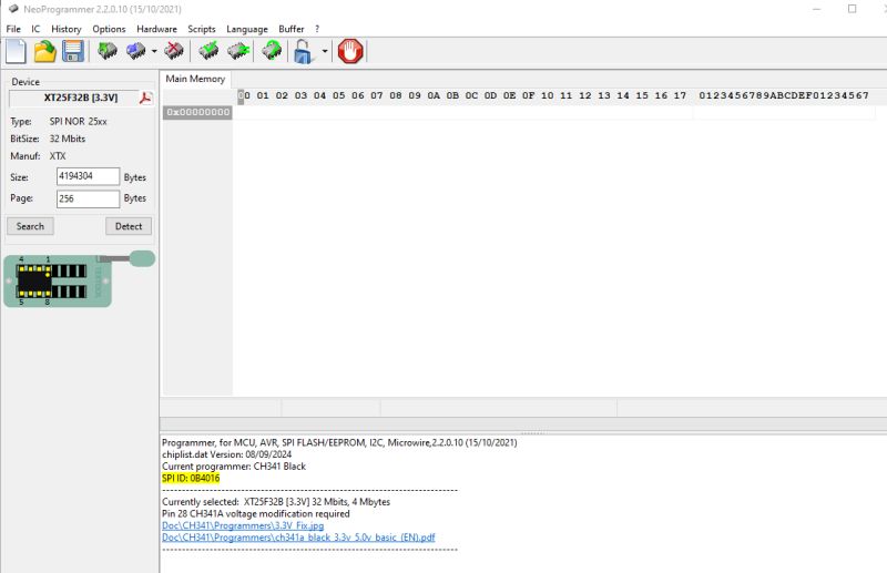 Screenshot of NeoProgrammer software showing SPI device configuration.