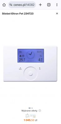 Biały regulator pompy ciepła Stiebel-Eltron z niebieskim ekranem, cena 1045,50 zł.