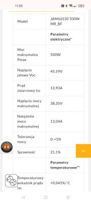 Tabela z parametrami paneli fotowoltaicznych JAM66S30 500W MR_BF