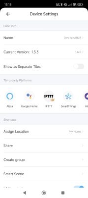Device settings screen in a mobile app showing device name, firmware versions, and integrations with Alexa, Google Home, IFTTT, and SmartThings.