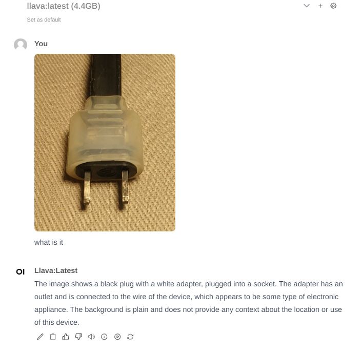 Black plug with a white adapter, plugged into a socket.