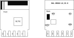 Pinout diagram of EWL-ZBS02-LG V2.0 module with BL702, front and back views labeled with GPIO pins.