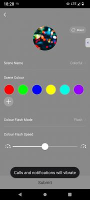 App screen with scene settings named Colorful featuring color selection and flash modes.