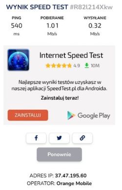 Zrzut ekranu z wynikiem Speed Test: ping 540 ms, pobieranie 1,01 Mb/s, wysyłanie 0,32 Mb/s.