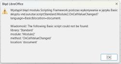 Komunikat błędu LibreOffice informujący o braku skryptu Basic w module 'Module2'