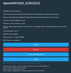 OpenESP32S2 web user interface screen showing DS18B20 sensor details.
