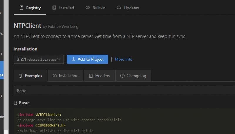 Projektbearbeitung mit der NTPClient-Bibliothek in PlatformIO PlatformIO-Oberfläche mit geöffnetem NTPClient-Bibliothek im Code-Editor.