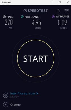 Zrzut ekranu z aplikacji Speedtest dla sieci Orange pokazujący wynik pomiaru prędkości internetu.