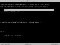 Ekran menedżera rozruchu systemu Windows z opcjami uruchomienia Windows 10 i Windows 2000/XP Loader.