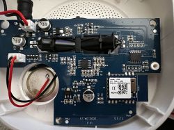 Smoke Detector PCB with Wi-Fi Module Electronic circuit with CB3S Wi-Fi module on a smoke detector PCB.