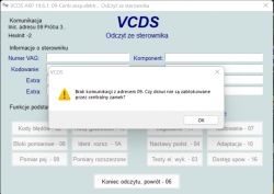 Komunikat błędu VCDS informujący o braku komunikacji z adresem 09.