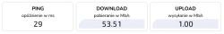 Wyniki testu prędkości internetu: ping 29 ms, pobieranie 53,51 Mb/s, wysyłanie 1,00 Mb/s.