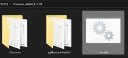 Fooocus Folder Structure and Launch File Fooocus, python_embedded folders and run.bat file in a computer file explorer.