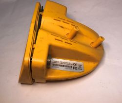 View of the yellow housing of the Garrett Ace 250 metal detector with a label.