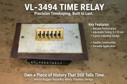 VL-3494 time relay on wood surface with product features and tagline text displayed