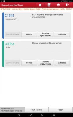 Ekran diagnostyczny z kodami usterek C1545 i C006A.