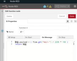 Zrzut ekranu edytora Node-RED z funkcją obliczającą wartość na podstawie mocy.