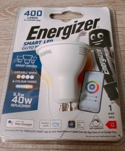 Energizer GU10 Smart LED Bulb Energizer GU10 smart LED bulb in packaging.
