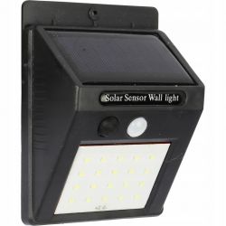 Czarna lampa solarna z czujnikiem ruchu i panelami LED.