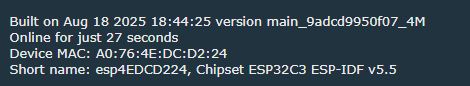 ESP32C3 device debug info with MAC address, uptime, and build version