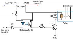 ESP12-E relay resets when switching devices on power strip, wiring with separate PSU
