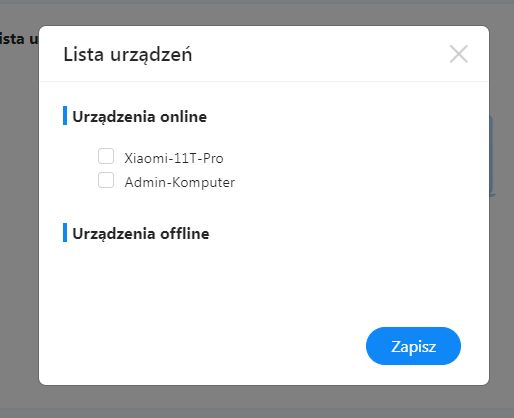 Okno aplikacji z listą podłączonych urządzeń online i przyciskiem Zapisz