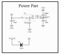 Power schematic: NCP1117 regulator from VIN to VDD3V3 and SS14 diode between VCCUSB and VIN