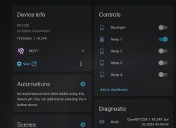 BK7238 device control panel with Relay 1 switched on