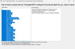 Screenshot of Tuya Config Quick Viewer showing extracted JSON and a note that no useful config data was found