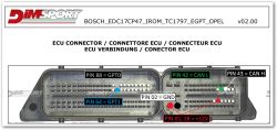 BOSCH EDC17CP47 ECU connector for Opel with labeled functional pins.