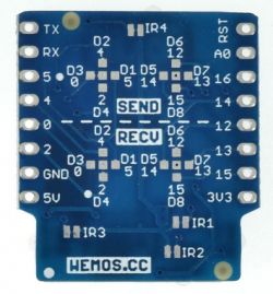 Blue PCB of IR shield module for Wemos D1 Mini with labels and pins.