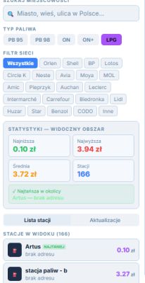 Zrzut ekranu aplikacji z filtrem LPG i listą stacji paliw oraz statystykami cen