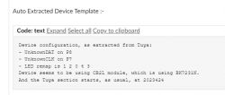 Photo of extracted device template with code and configuration related to a Tuya driver.
