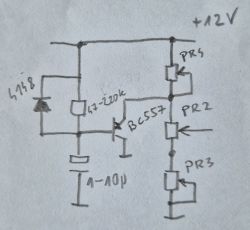 Electronic circuit diagram with a transistor, potentiometers, capacitor, and diode.