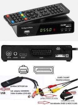 Tuner DVB-T2 HEVC H.265 Krüger&Matz z pilotem oraz schemat podłączenia grabbera.