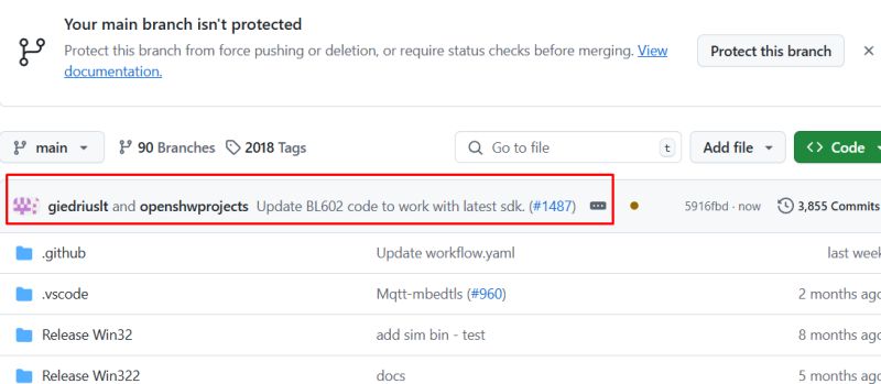 View of a GitHub repository section showing a warning about the main branch not being protected, with a file and folder list below.