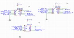 Schematic with three SN74AHCT125N buffers, 100 nF capacitors, DRIVERS_OE net, and ESP signal lines