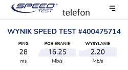 Zrzut ekranu z aplikacji speedtest z wynikami: ping 28 ms, pobieranie 16,25 Mb/s, wysyłanie 2,20 Mb/s.