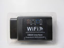 WiFi OBDII scanner in plastic packaging.