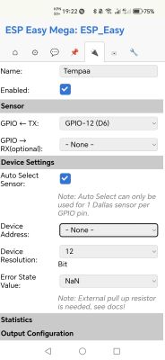 DS18B20 Configuration in ESP Easy Mega – Sensor Not Detected Screenshot of ESP Easy Mega configuration for DS18B20 sensor, device address not detected.